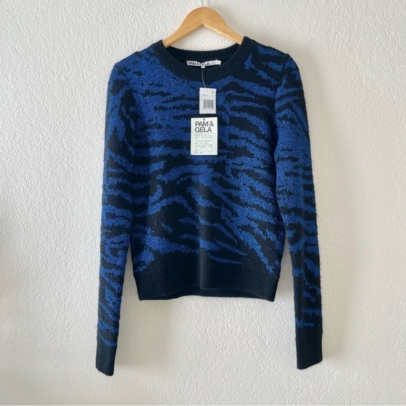 Pam & Gela Blue Metallic tiger Animal Print Sweater - Picture 4 of 6